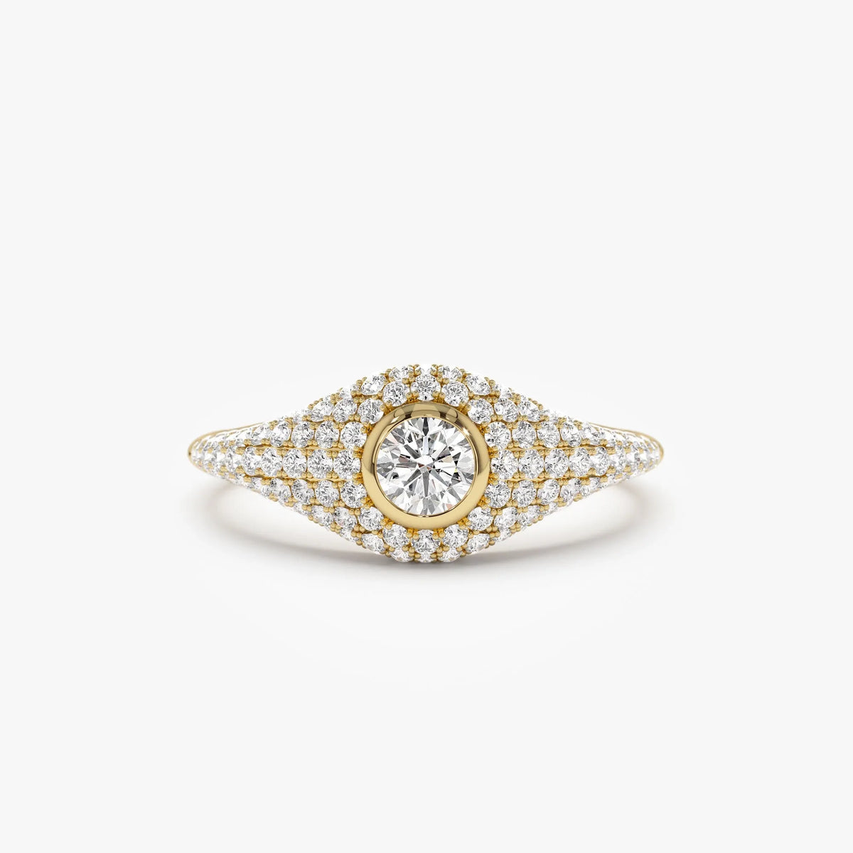 14k Solid Gold Round and Pear Diamond 0.75 Carat Pave Setting Signet Ring