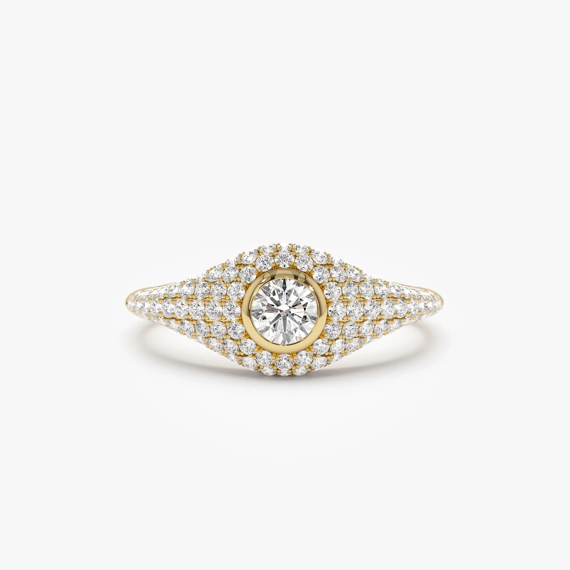14k Solid Gold Round and Pear Diamond 0.75 Carat Pave Setting Signet Ring