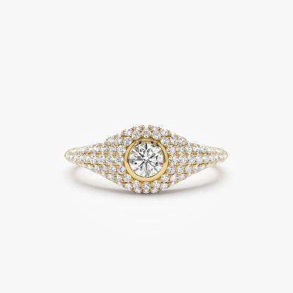 14k Solid Gold Round and Pear Diamond 0.75 Carat Pave Setting Signet Ring