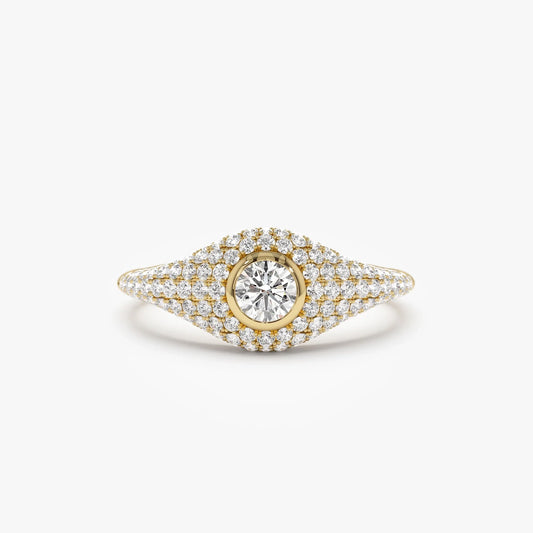 14k Solid Gold Round and Pear Diamond 0.75 Carat Pave Setting Signet Ring