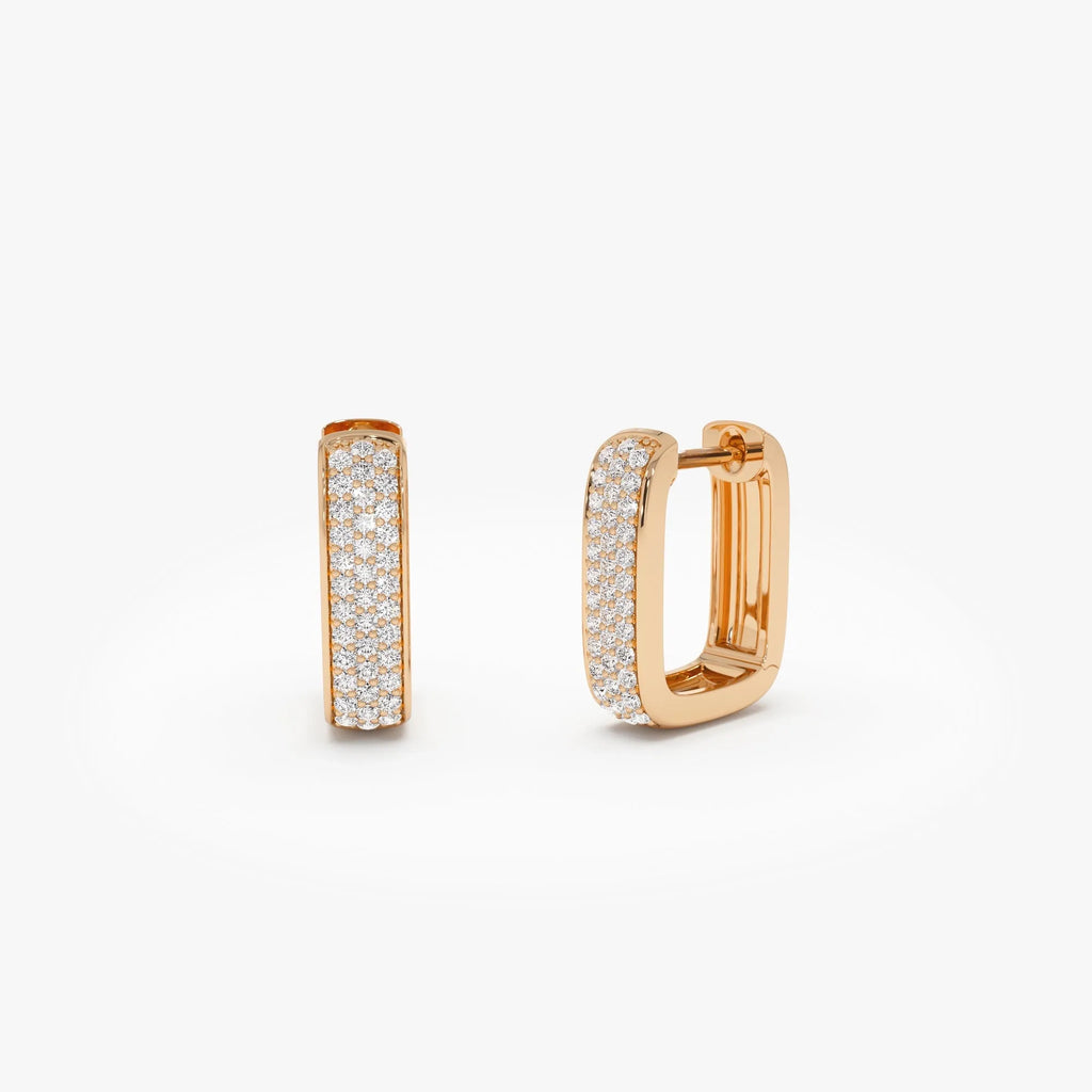 14k Gold Diamond Round Cut Pave Square Huggie Hoop Earrings 0.38 ctw