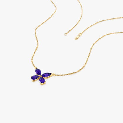14k Solid Gold Amethyst Pear and Marquise Butterfly Necklace 0.85 Carat
