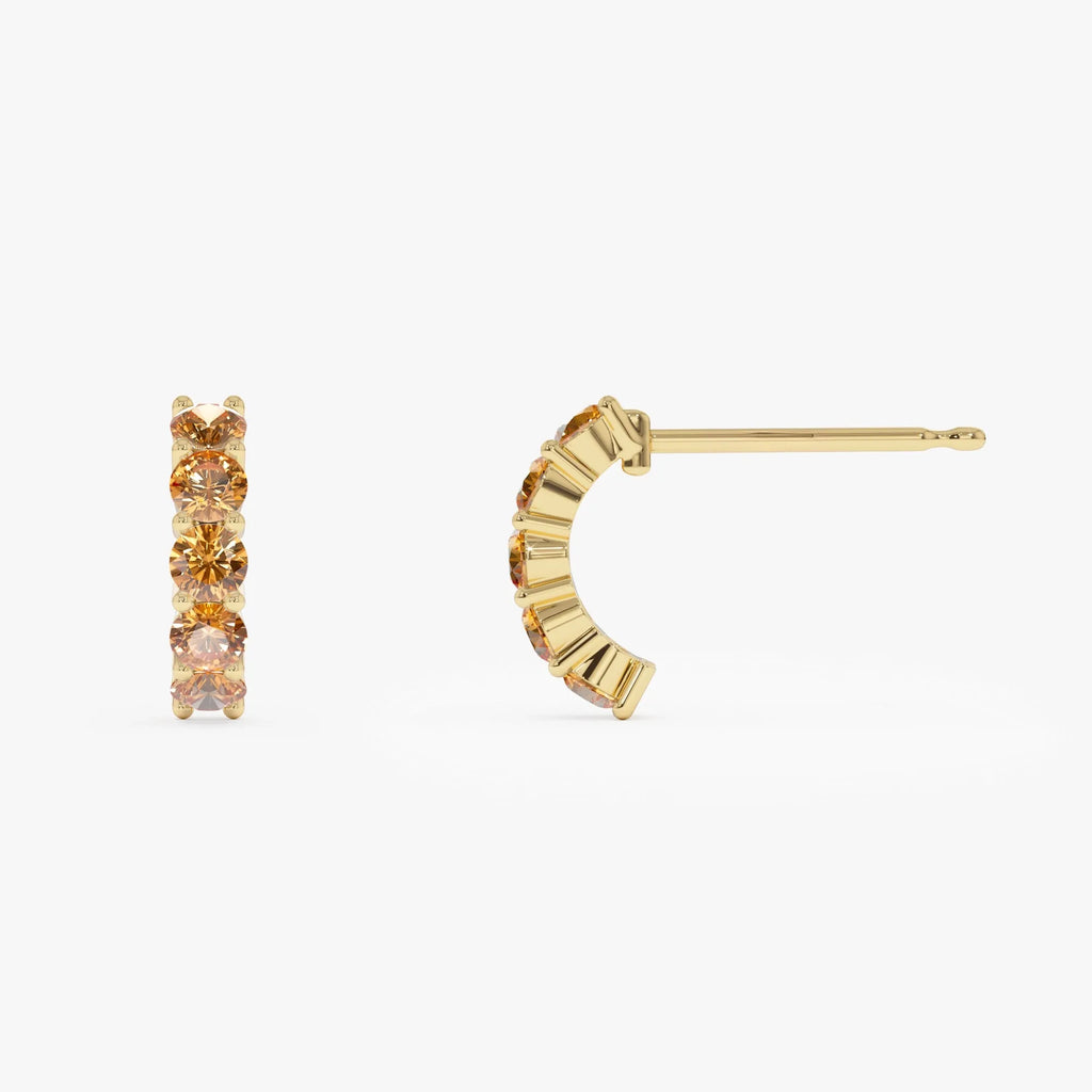 14K Solid Gold Round Citrine Prong Set Half Hoop Earrings 1.00ctw