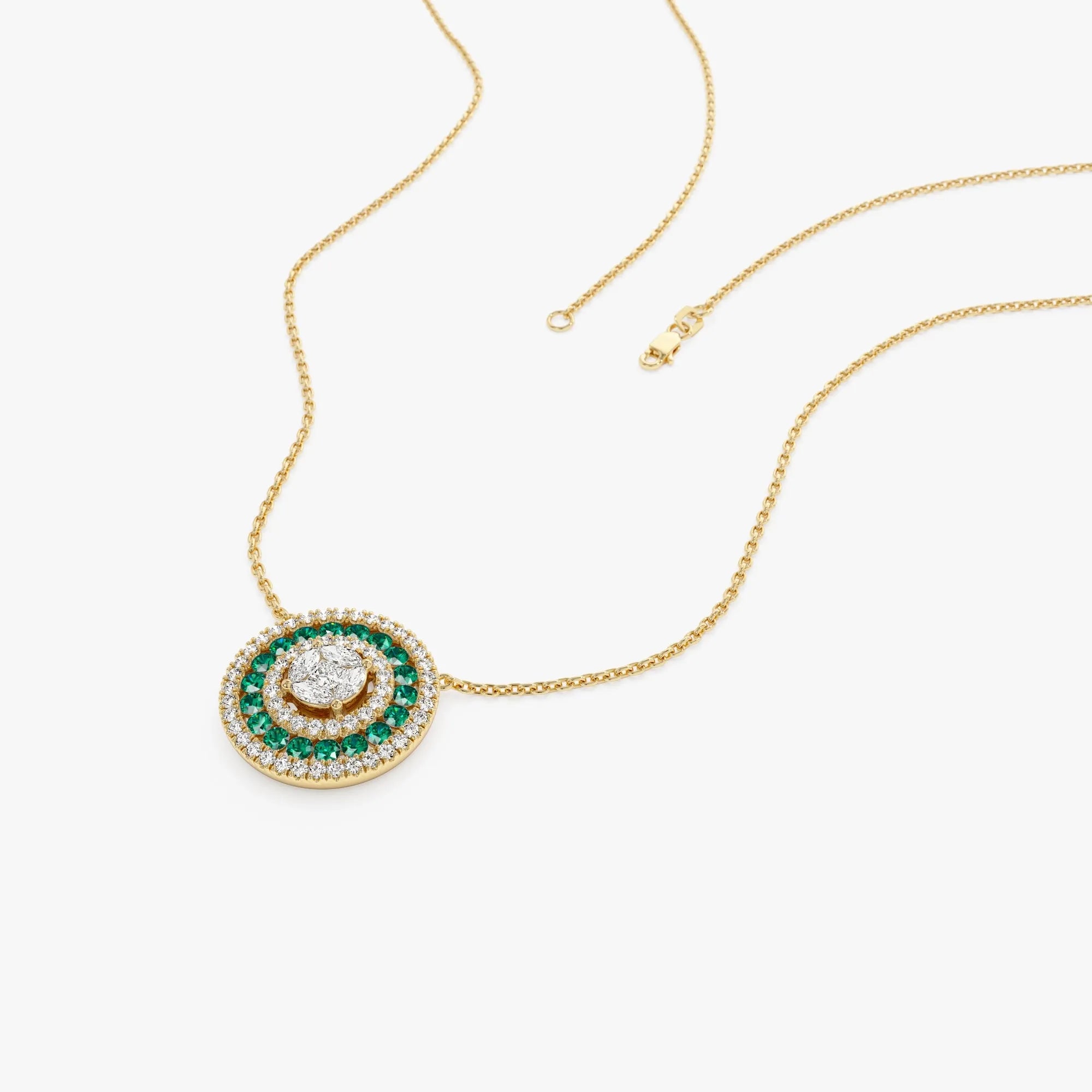14k Solid Gold Round Marquise and Princess Cut Diamond 0.45 CTW Emerald 0.30 CTW Illusion Setting Necklace