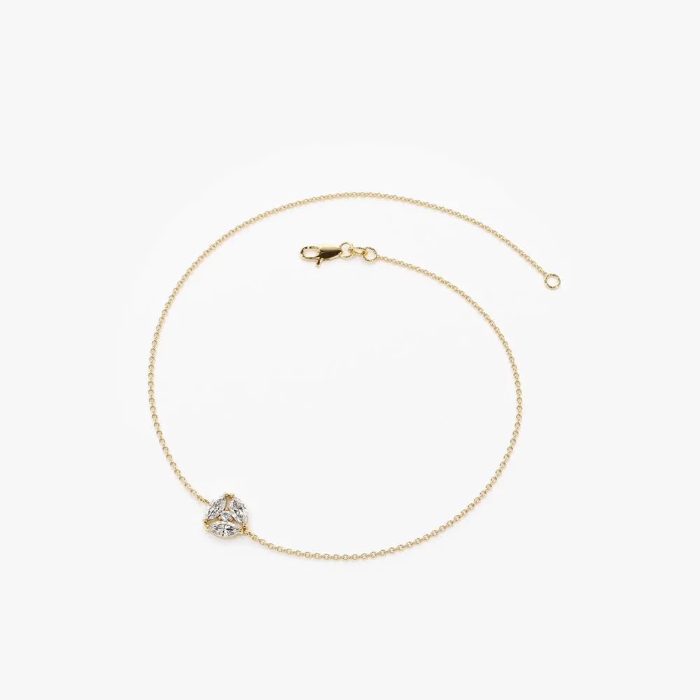 14K Solid Gold 0.16 CTW Marquise and Round Diamond Cluster Prong Set Bracelet