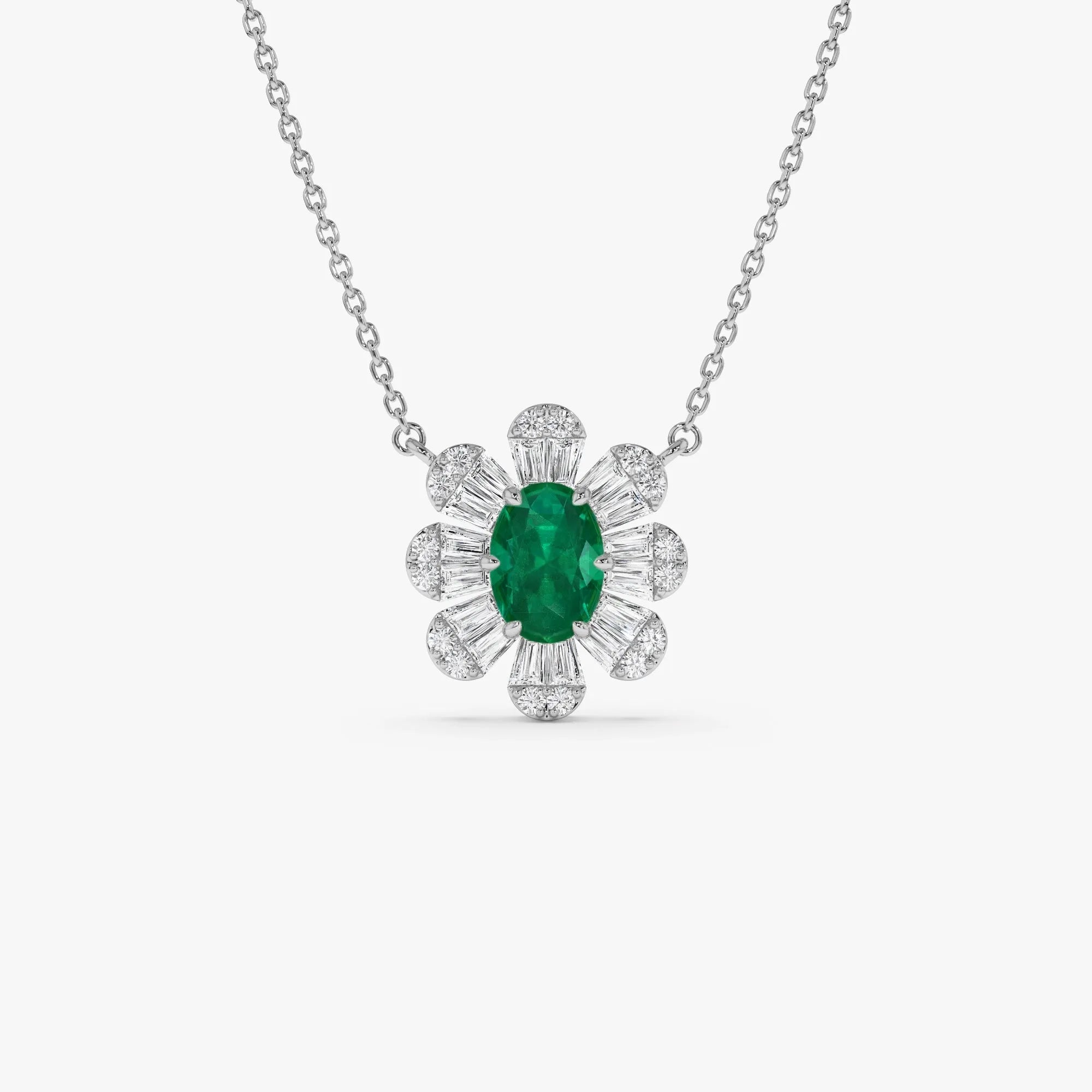 14k Solid Gold Oval Emerald and Baguette Round Diamond 0.65 CTW Necklace