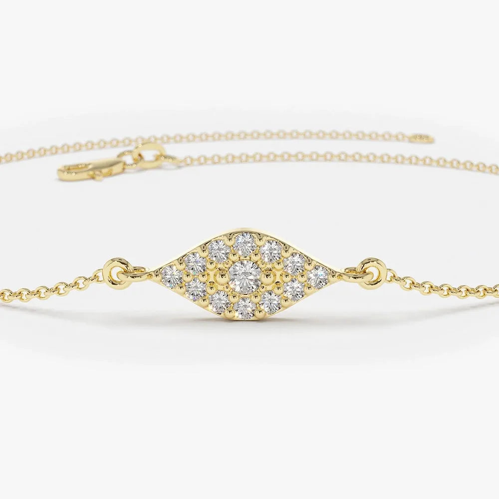14K Solid Gold Round Diamond Evil Eye Bracelet Micro Pave 0.15 Carat