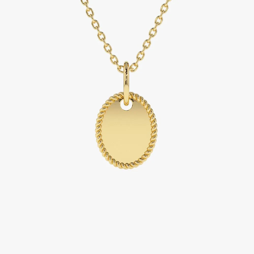 14k Solid Gold Personalized Mini Oval Initial Tag Pendant Necklace with Twist Rope Frame