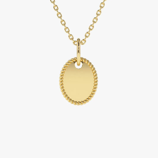 14k Solid Gold Personalized Mini Oval Initial Tag Pendant Necklace with Twist Rope Frame