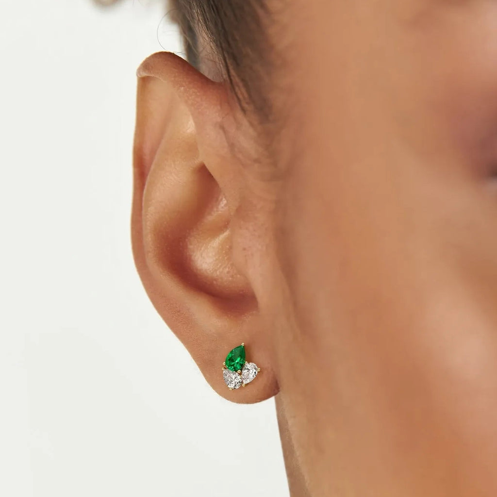 14k Gold Lab Grown Emerald and Diamond Pear Cut Stud Earrings 1.79 ctw