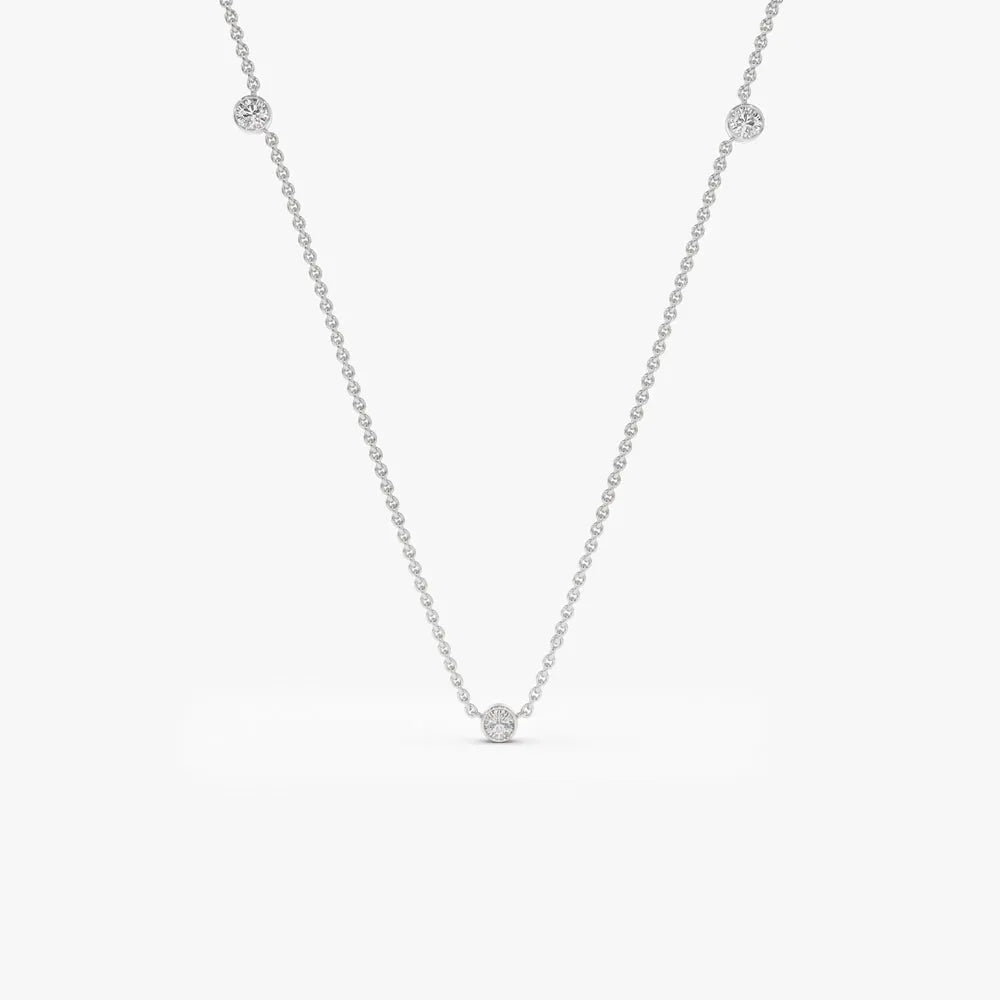 14K Solid Gold Round Diamond 3 Stone Bezel Set By The Yard Necklace 0.19cttw