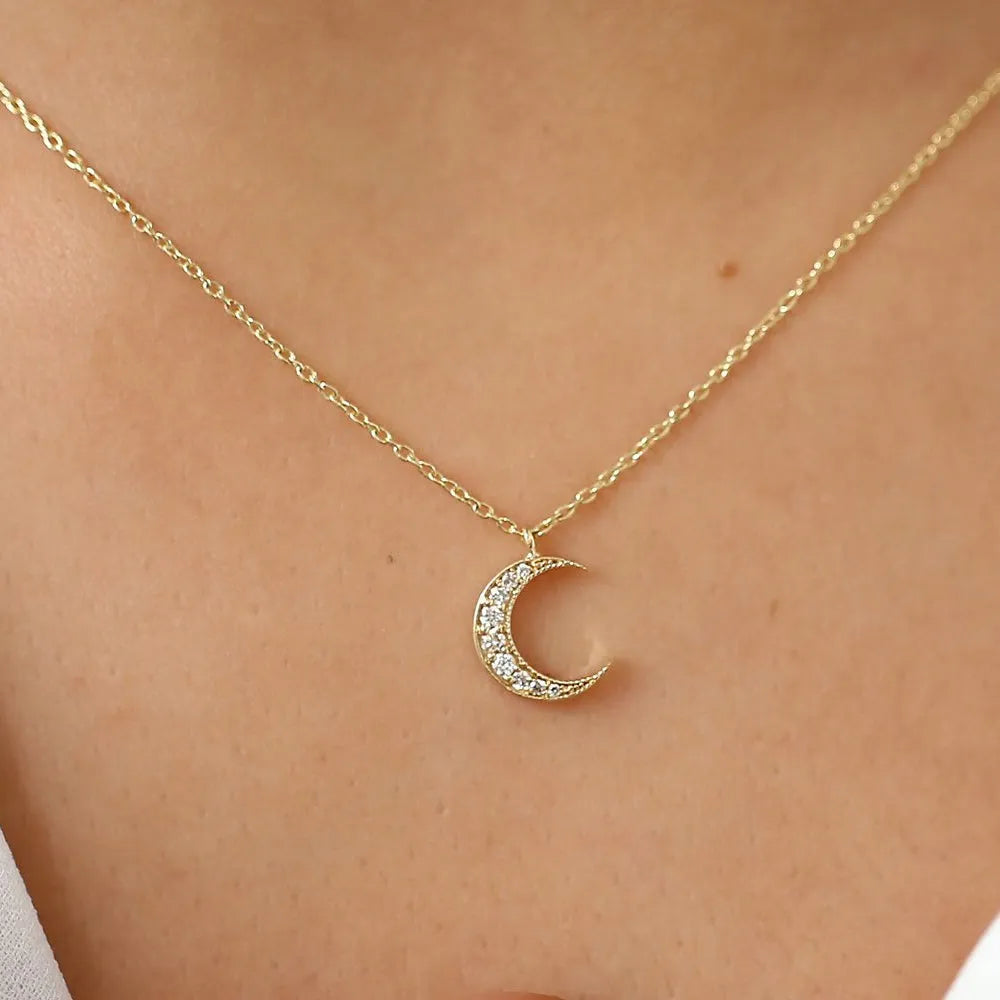 14K Solid Gold Round Diamond Micro Pave Mini Crescent Moon Necklace 0.12cttw