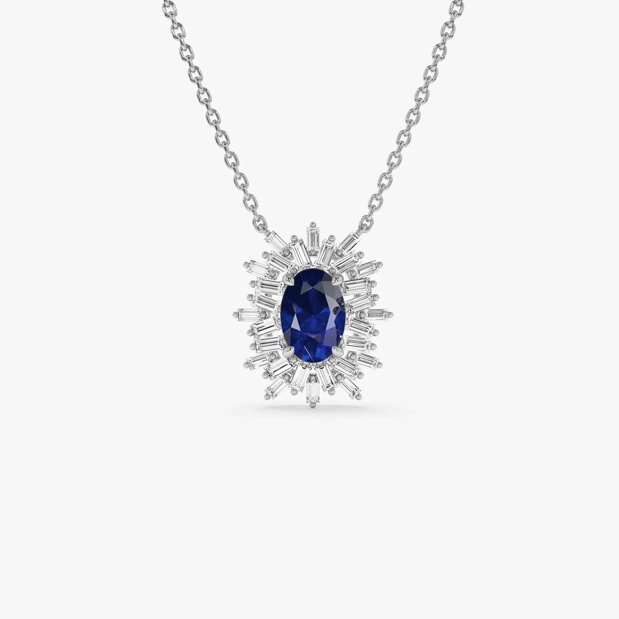14k Solid Gold Sapphire and Diamond Oval Baguette Ballerina Necklace 0.71 Carat Prong Setting