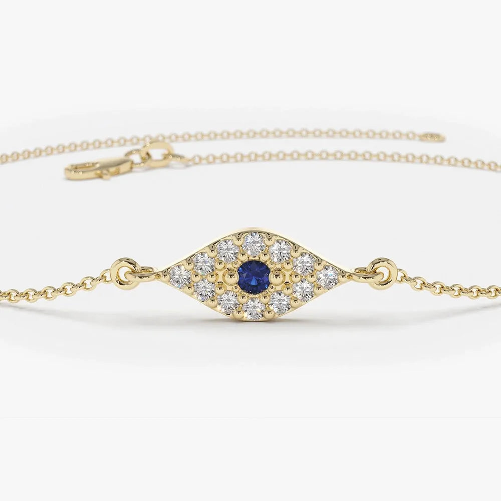 14K Solid Gold Round Diamond and Blue Sapphire Evil Eye Micro Pave Bracelet