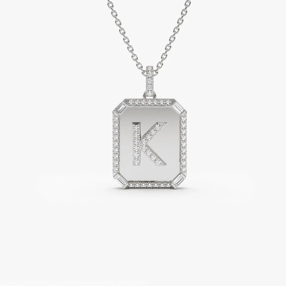 14K Solid Gold Baguette and Round Diamond Tag Initial Pendant Necklace 0.38ctw