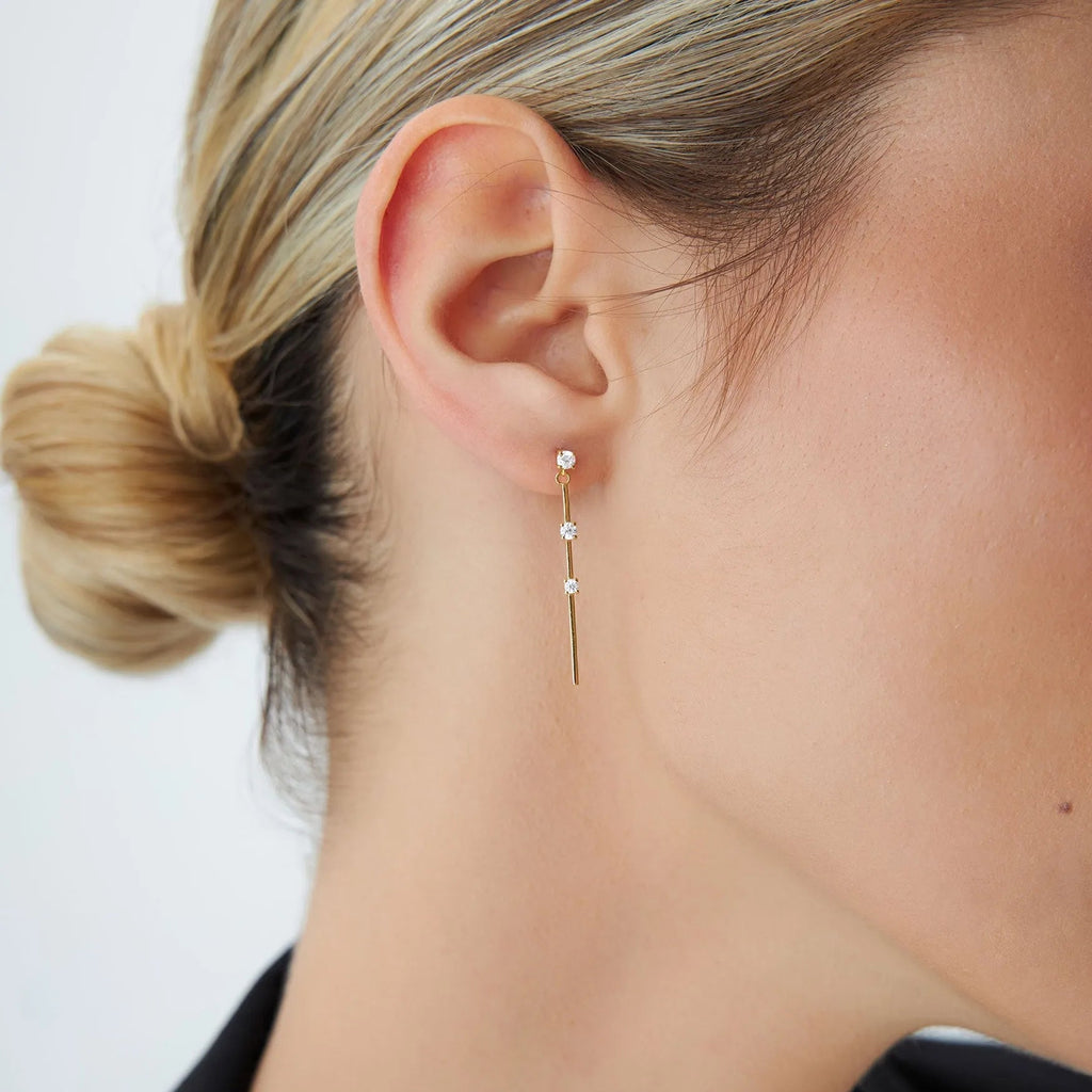 14k Gold Diamond Round Cut Linear Bar Triple Drop Earrings 0.28 ctw