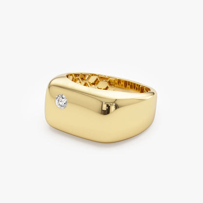 14K Solid Gold Round Diamond 0.08 Carat Rectangular Signet Ring