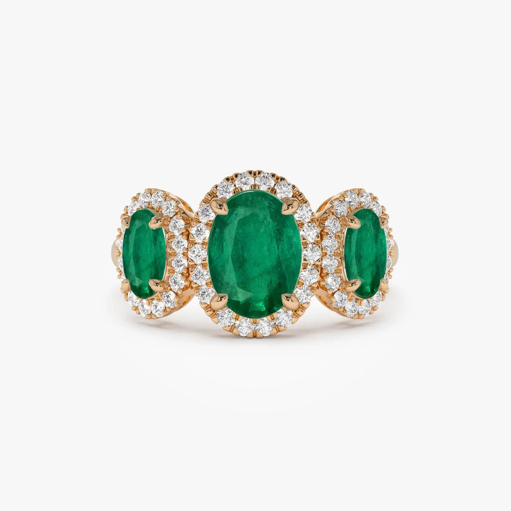 14K Solid Gold Oval Emerald and Round Diamond Three Stone Engagement Ring 2.30 CTW