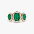 14K Solid Gold Oval Emerald and Round Diamond Three Stone Engagement Ring 2.30 CTW