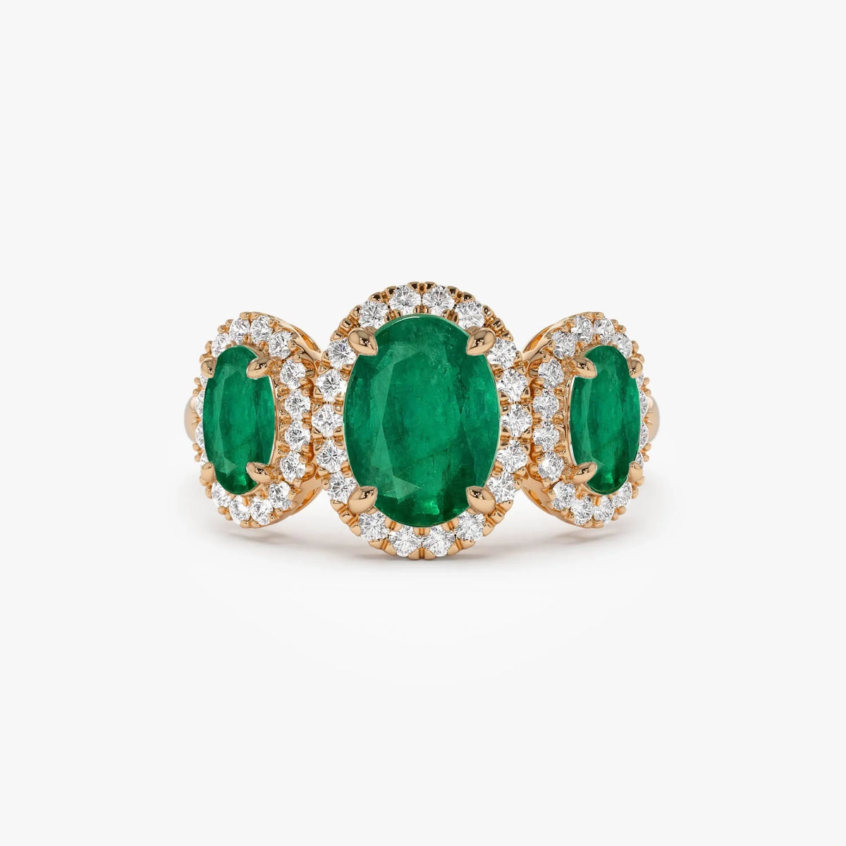 14K Solid Gold Oval Emerald and Round Diamond Three Stone Engagement Ring 2.30 CTW