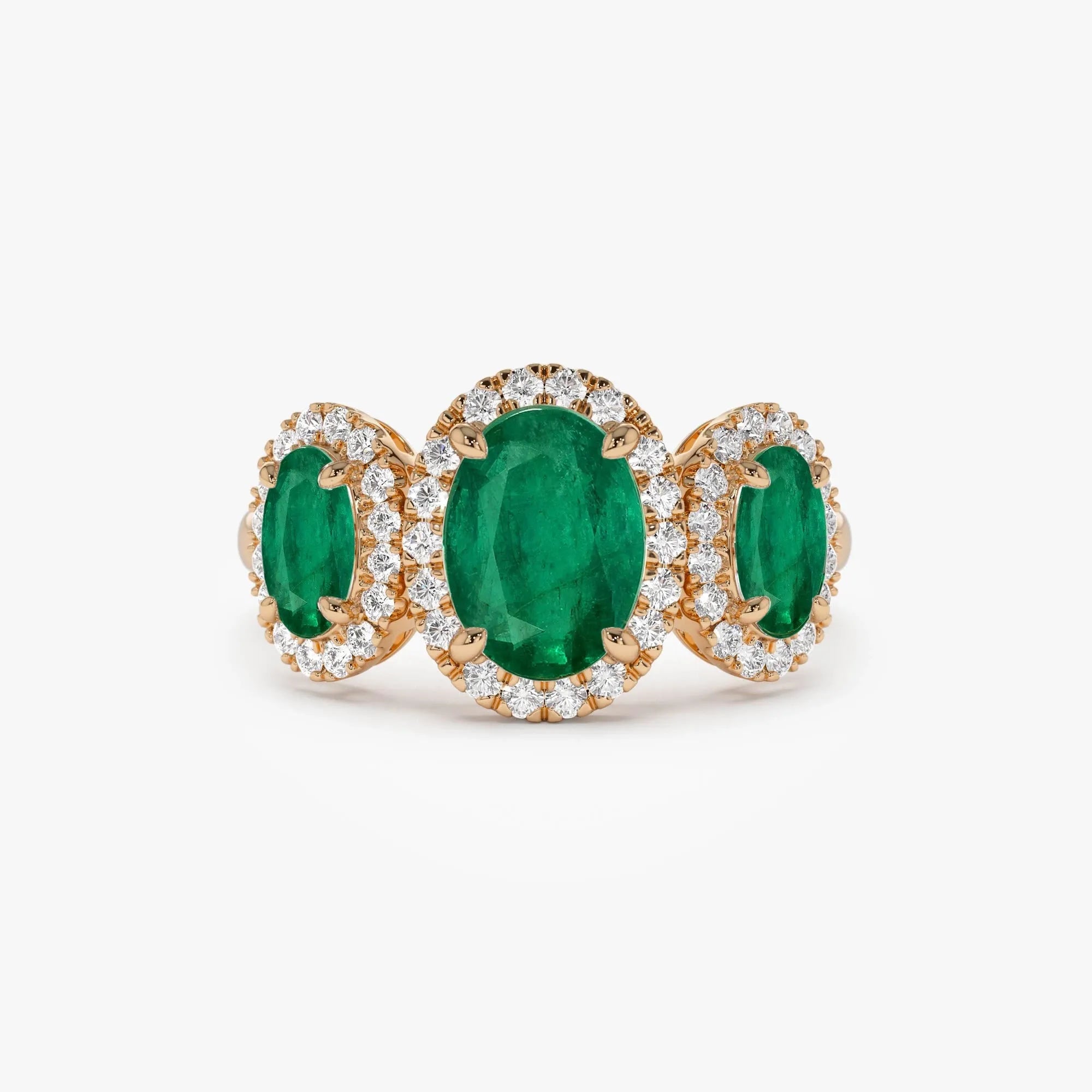 14K Solid Gold Oval Emerald and Round Diamond Three Stone Engagement Ring 2.30 CTW