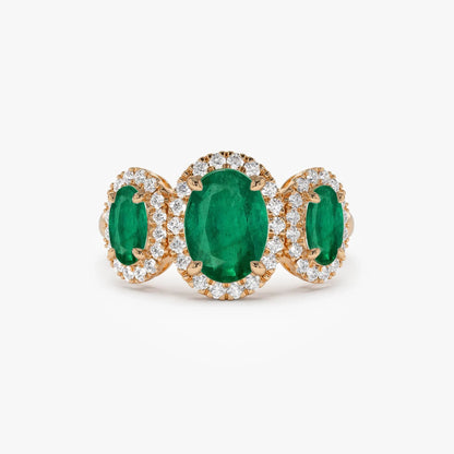 14K Solid Gold Oval Emerald and Round Diamond Three Stone Engagement Ring 2.30 CTW