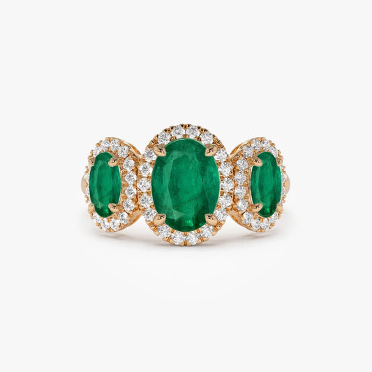 14K Solid Gold Oval Emerald and Round Diamond Three Stone Engagement Ring 2.30 CTW