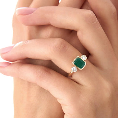 14K Solid Gold Emerald Cut Emerald Round Diamond Three Stone Bezel Set Ring 1.89 CTW