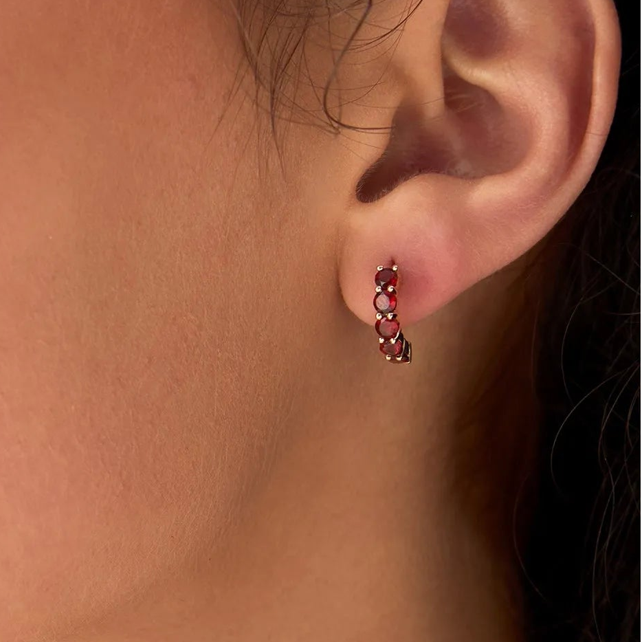 14K Solid Gold Round Garnet Prong Set Half Hoop Earrings 1.40ctw