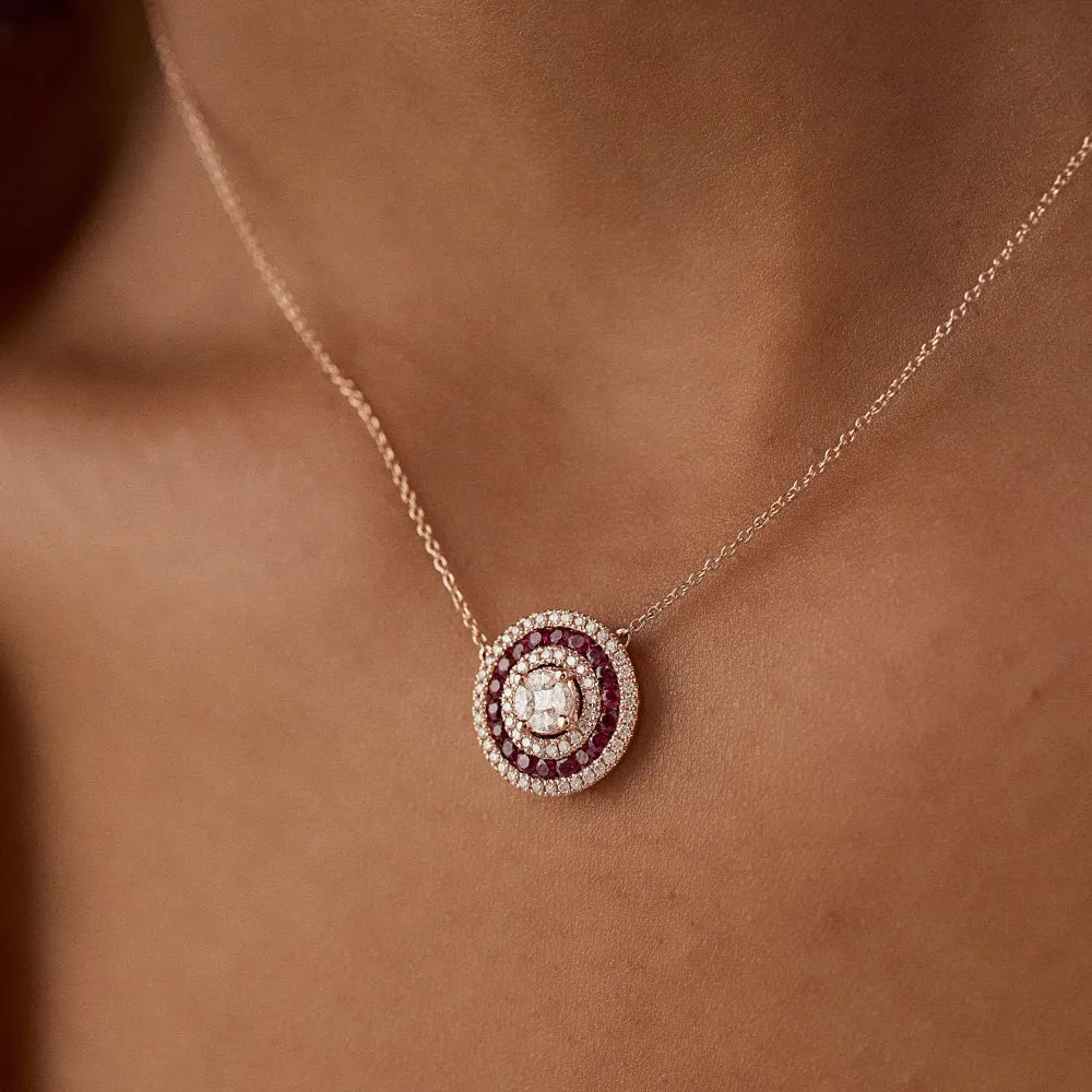14k Solid Gold Ruby and Diamond Round Princess Marquise Illusion Medallion Necklace 0.75 Carat