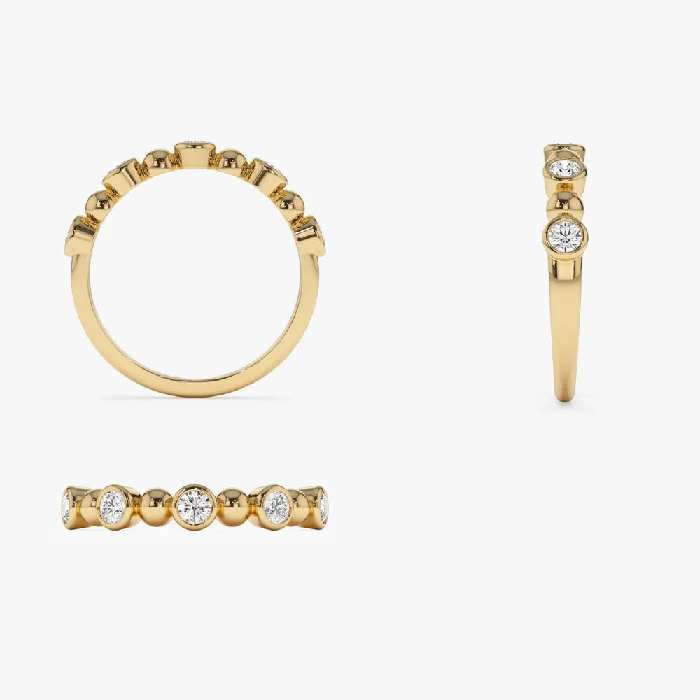 14k Gold Diamond Round Cut Alternating Beads and Bezel Setting Ring 0.50 ctw
