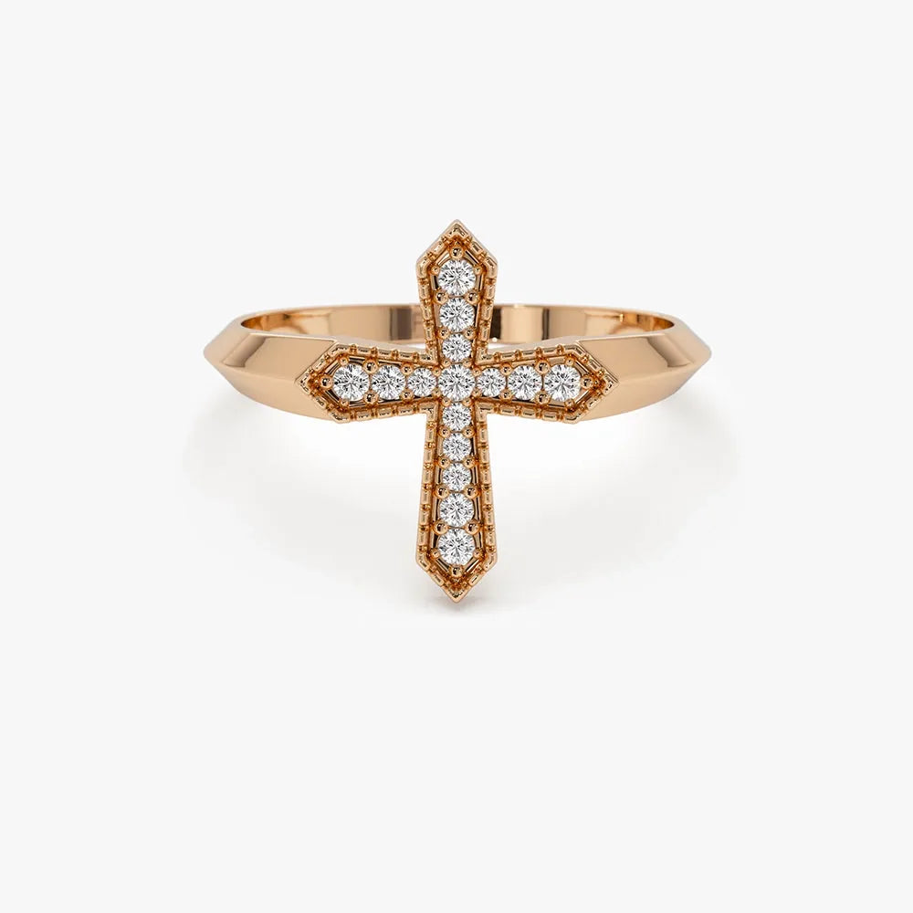 14k Solid Gold Round Cut Diamond 0.18 ctw Cross Ring