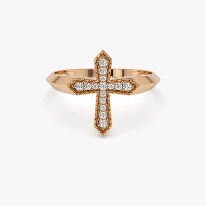 14k Solid Gold Round Cut Diamond 0.18 ctw Cross Ring