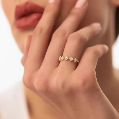 14k Solid Gold Round Diamond Stackable Clover Cluster Ring 0.20 ctw