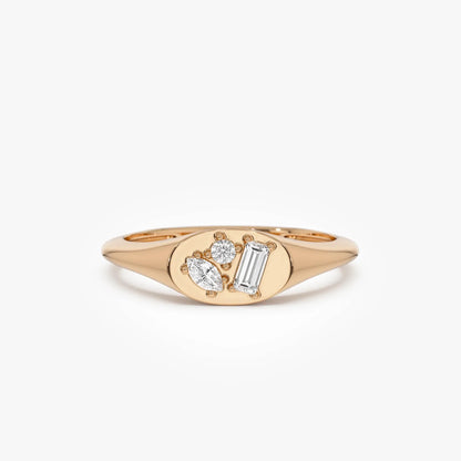 14K Solid Gold Mixed Cut Diamond Signet Ring 0.18 ctw Marquise Baguette and Round Natural Diamonds