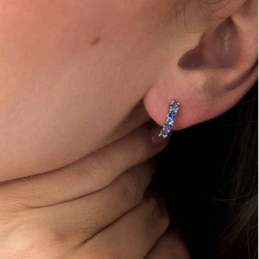 14K Solid Gold Round London Blue Topaz Prong Set Half Hoop Earrings 1.50ctw