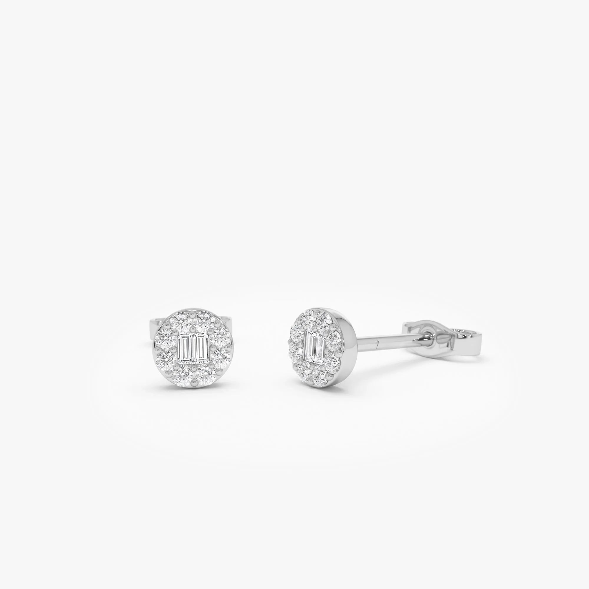 14k Gold Diamond Baguette and Round Cut Halo Earrings 0.20 ctw