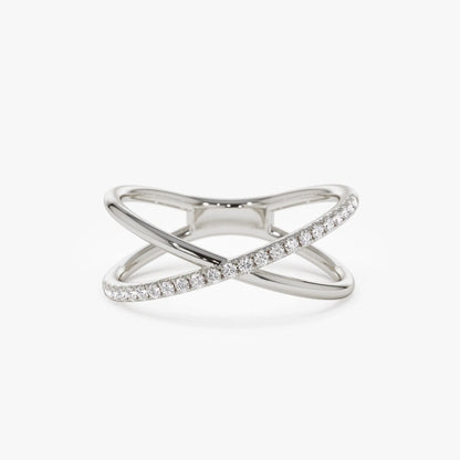 14K Solid Gold Round Diamond 0.12 Carat Criss Cross Single Side Ring