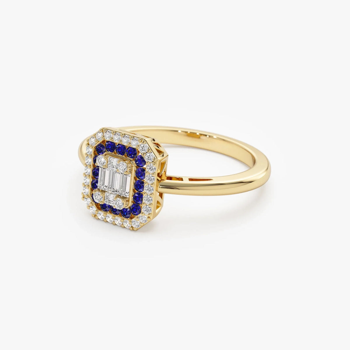 14k Gold Sapphire and Diamond Baguette and Round Cut Halo Setting Ring 0.47 ctw
