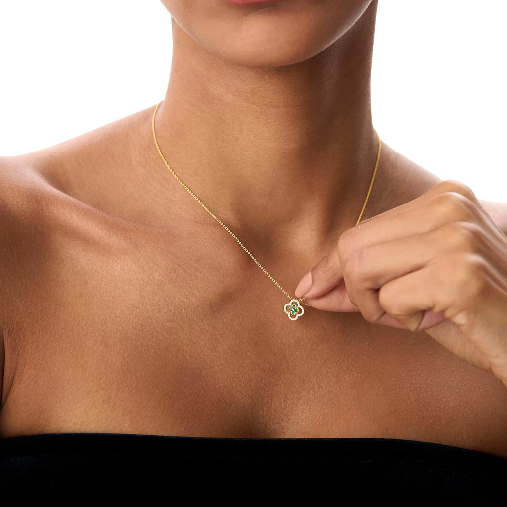 14k Solid Gold Round Emerald 0.10 CTW and Diamond 0.10 CTW Clover Halo Pendant Necklace
