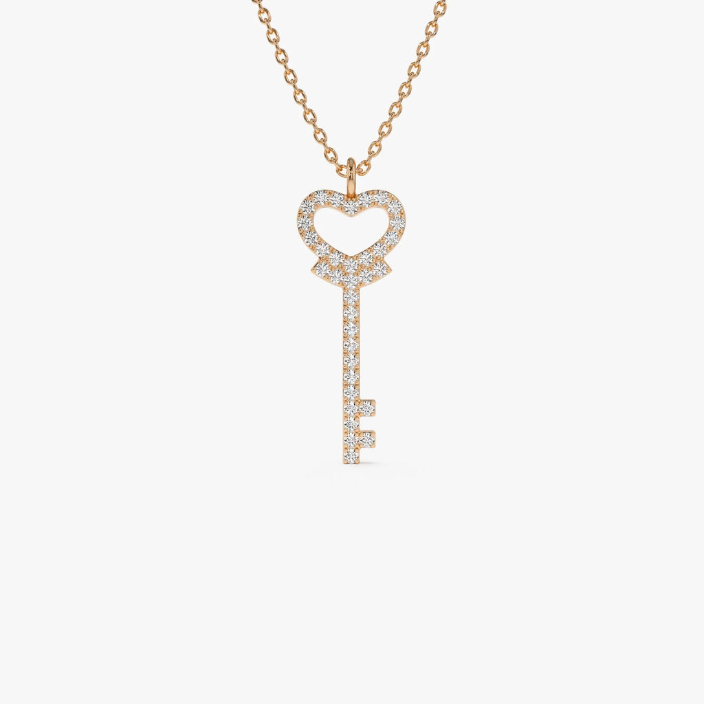 14K Solid Gold 0.20 CTW Round Diamond Heart Key Pendant Necklace
