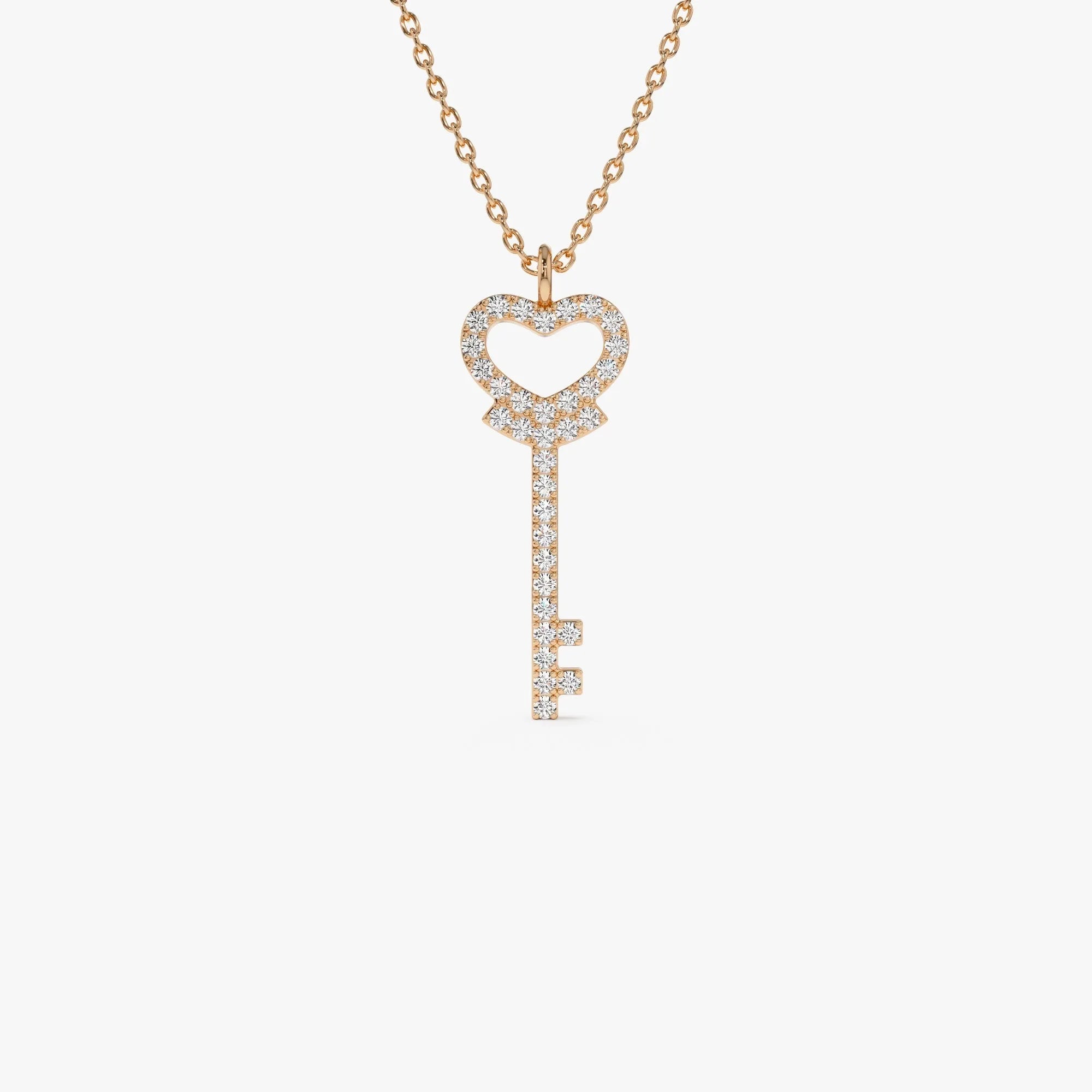 14K Solid Gold 0.20 CTW Round Diamond Heart Key Pendant Necklace