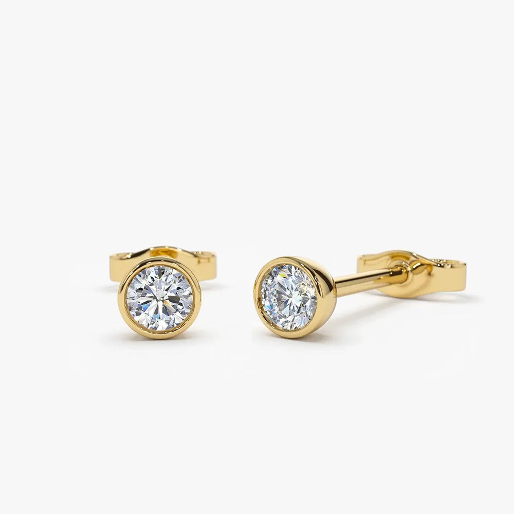 14k Gold Diamond Round Cut Stud Earrings Bezel Setting 0.12 ctw