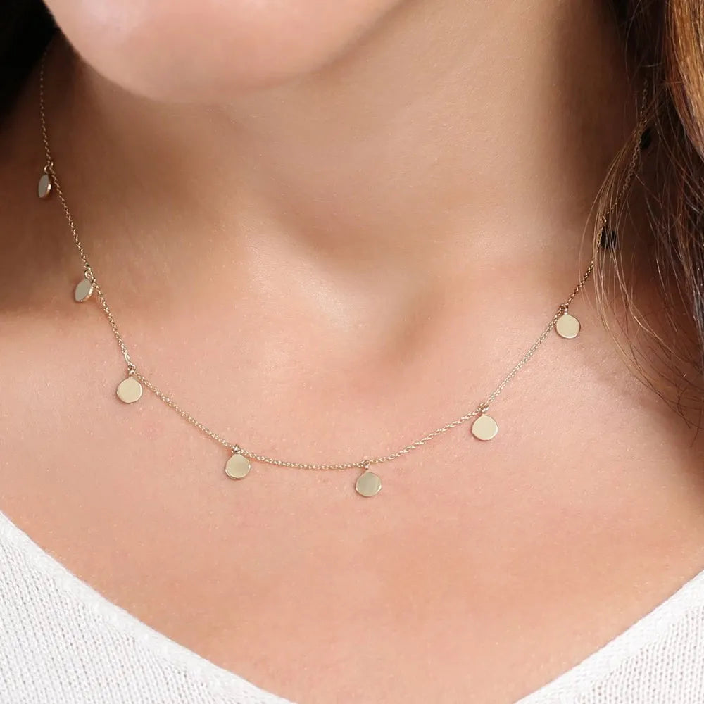14k Solid Gold Round Coin Disc Choker Necklace with 9 Multi Discs