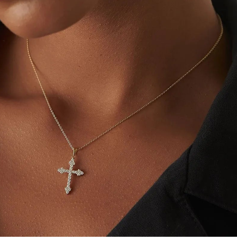 14K Solid Gold 0.45 CTW Round Diamond Cross Charm Necklace