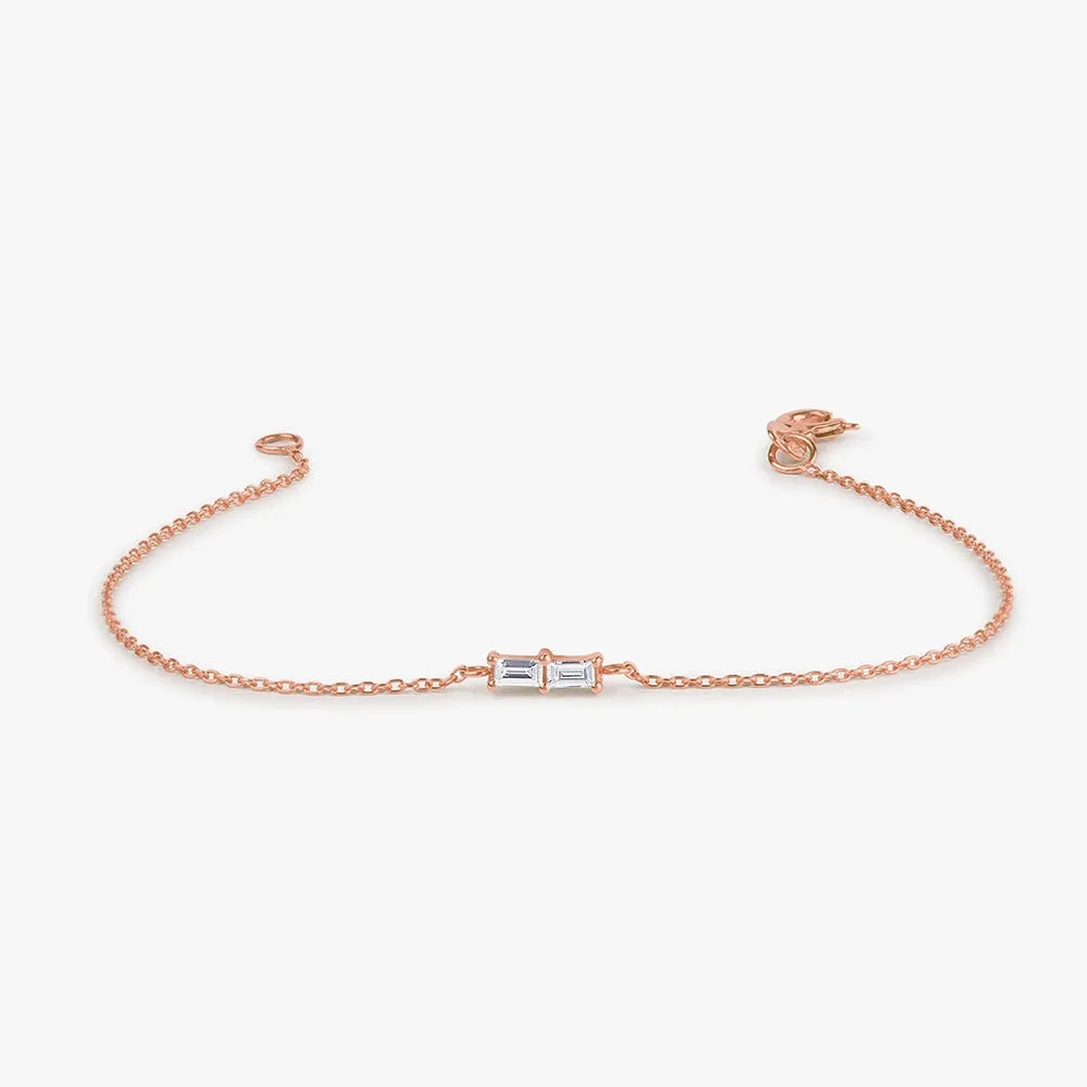 14K Solid Gold Baguette Diamond Double Stone Chain Bracelet Prong Setting 0.12 Carat