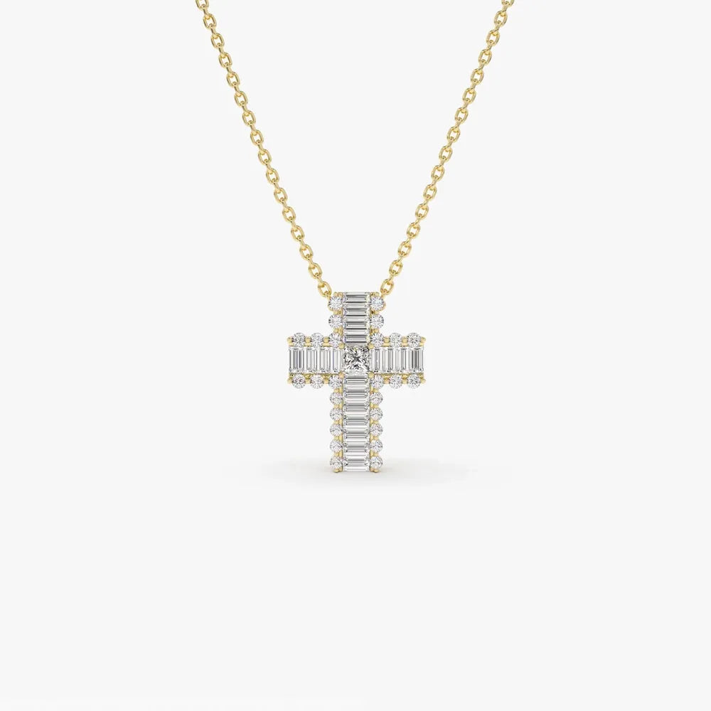 14K Solid Gold Baguette Round and Princess Cut Diamond Cross Pendant Necklace 0.65ctw