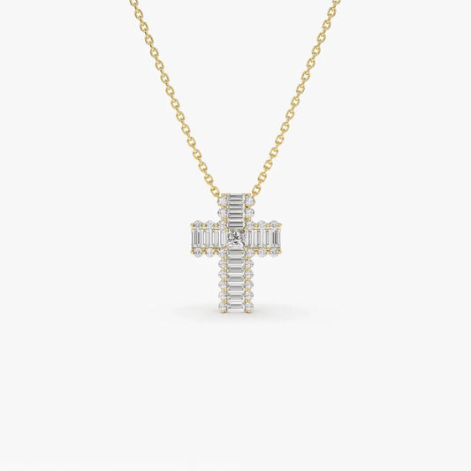 14K Solid Gold Baguette Round and Princess Cut Diamond Cross Pendant Necklace 0.65ctw