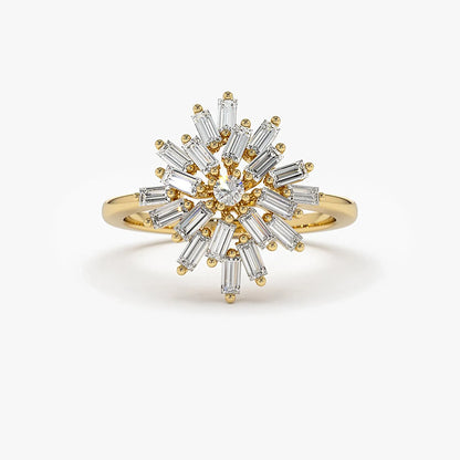 14K Gold 0.58 CTW Baguette and Round Diamond Ballerina Cluster Ring