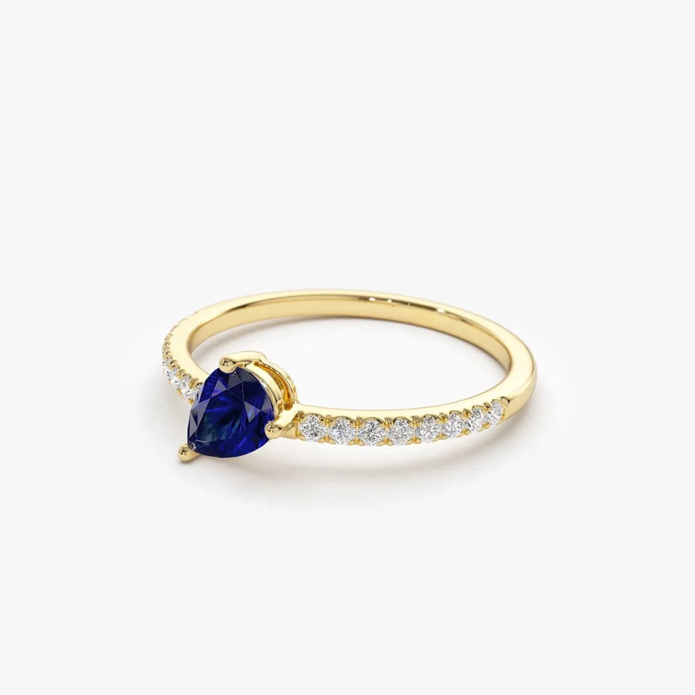 14k Gold Sapphire and Diamond Pear and Round Cut Slanted Pave Ring 0.67 ctw